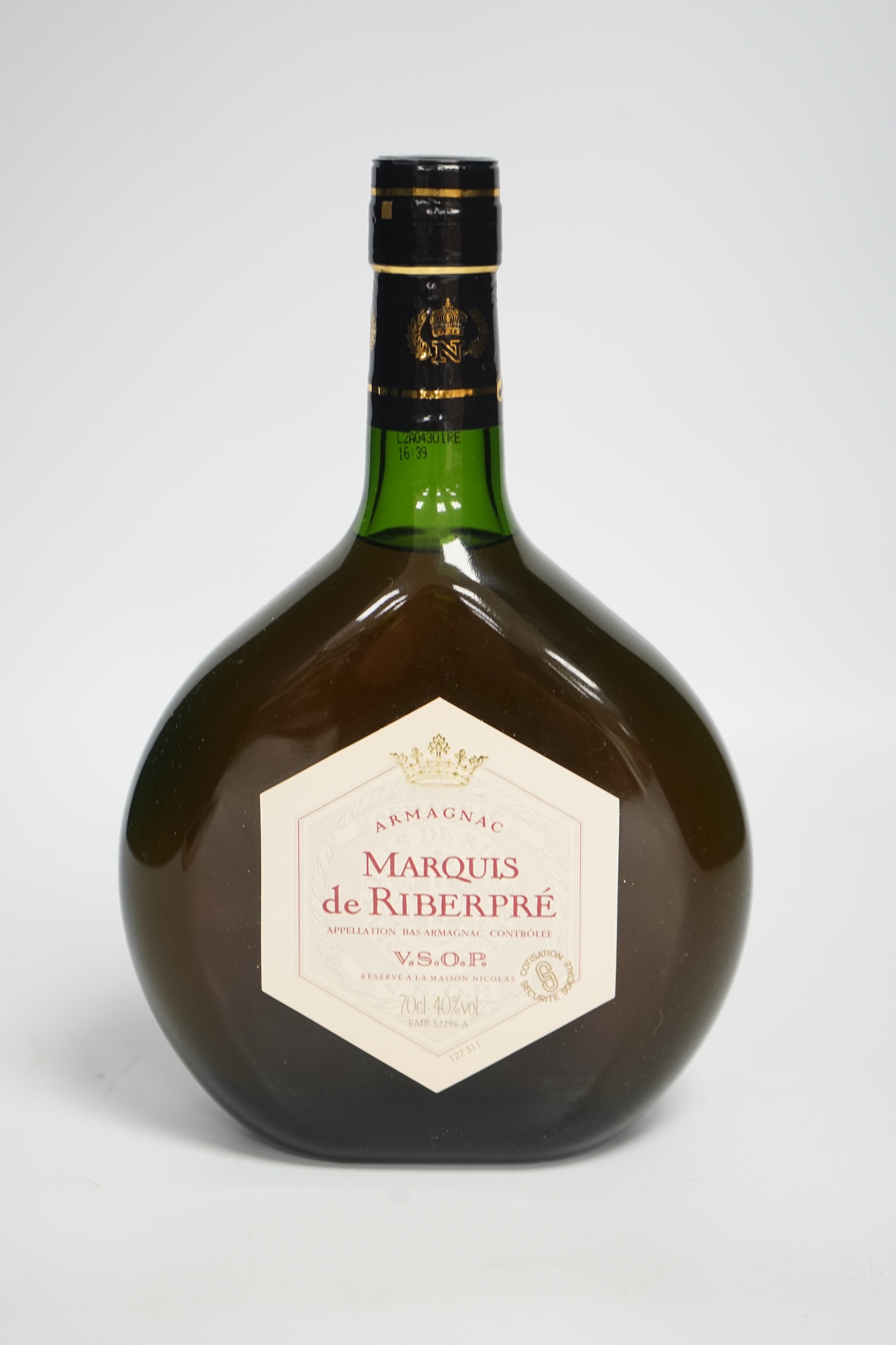 A bottle of Marquis de Riberpre V.S.O.P. Armagnac, boxed